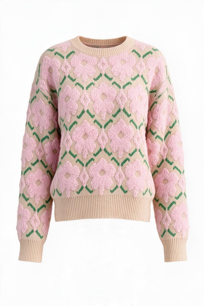 Trestles Clothing Company fuzzy floral knit sweater in pink, green, and beige with a relaxed fit and ribbed trim.